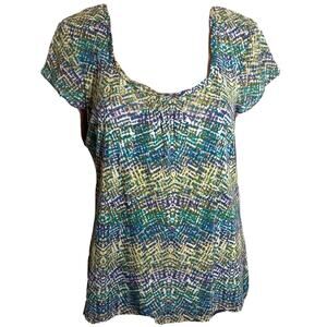 Liz & Co. Top Womens XL Blue Green‎ Purple Zig Zag Lined Short Sleeve Casual